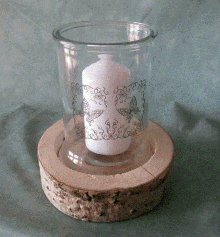 Windlicht Glas auf Holzrugel Schmetterlinge